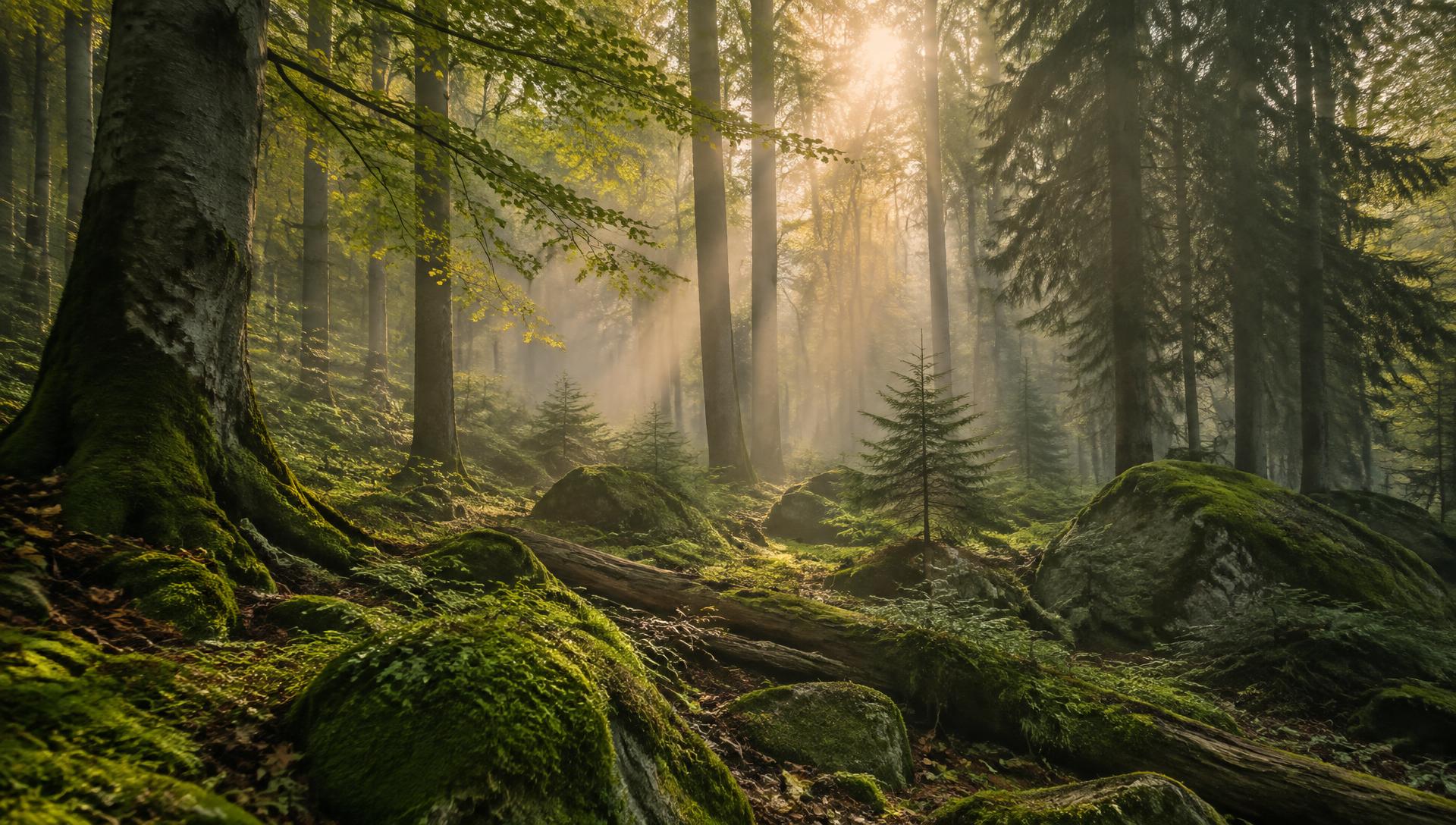 Wald mit Sonnenstrahlen im Morgennebel