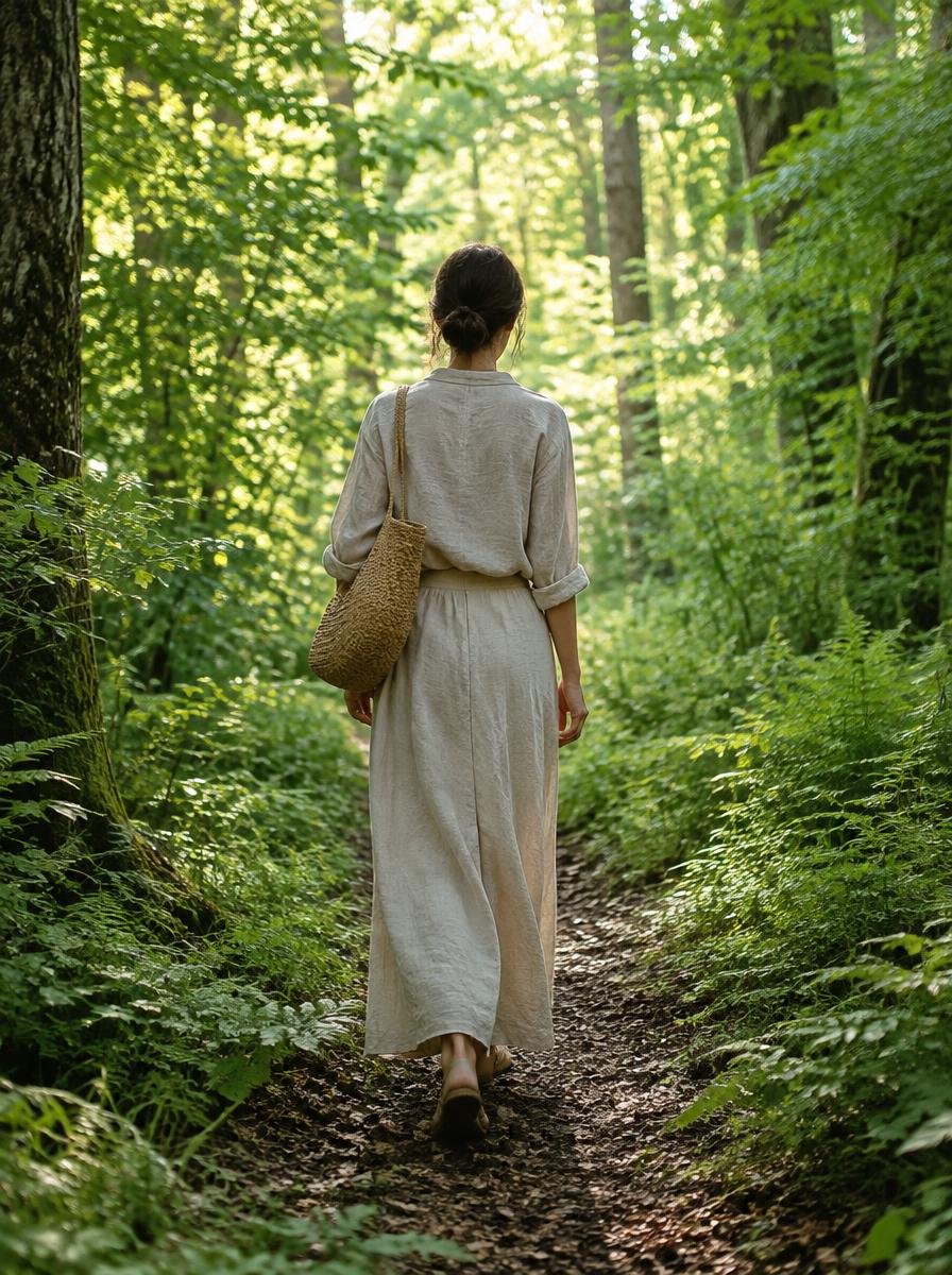 Frau geht auf einem Waldweg in den Wald